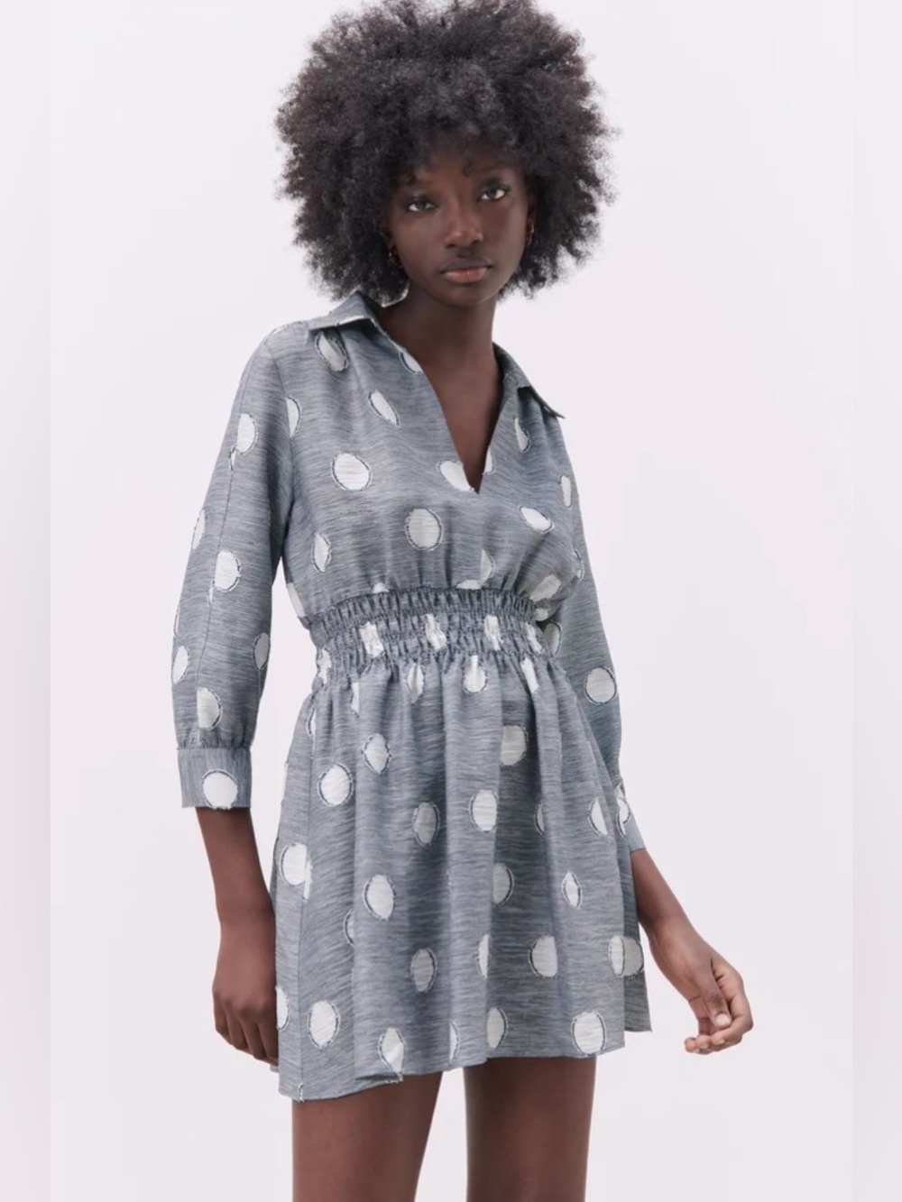 Zara Gray Polka Dot Smocked-Waist V-Neck Mini Dress Size Small
